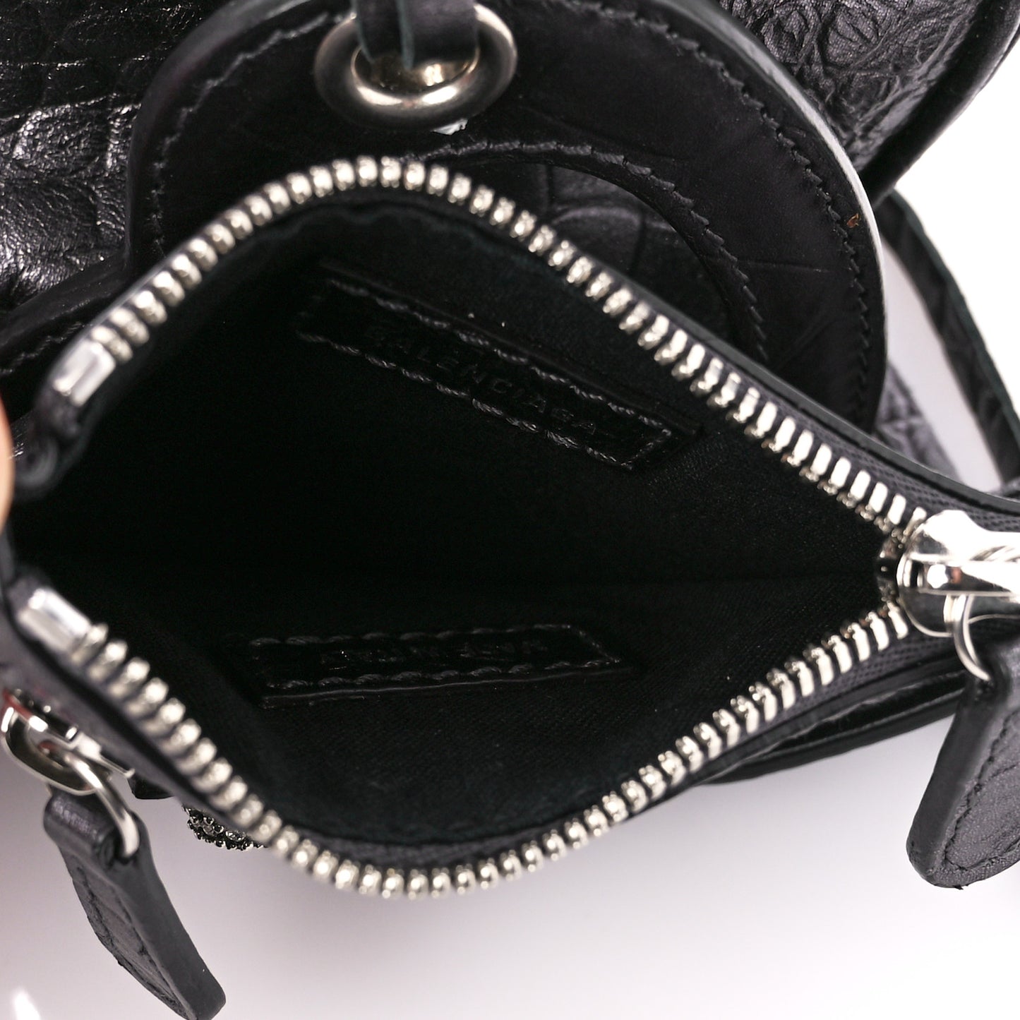 Metallic Calfskin Crocodile Embossed Crystal Small Le Cagole Shoulder Bag Gunmetal