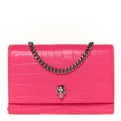 Alexander McQueen Calfskin Crocodile Embossed Skull Mini Crossbody Bag Pink 1 of 9