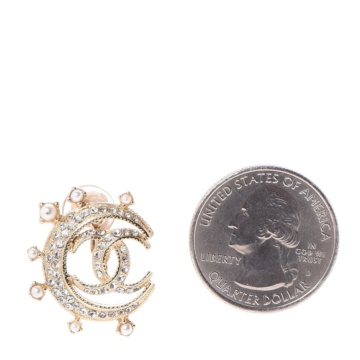 Chanel Crystal Pearl CC Moon Clip On Earrings Gold 2 of 5
