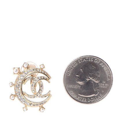 Chanel Crystal Pearl CC Moon Clip On Earrings Gold 2 of 5