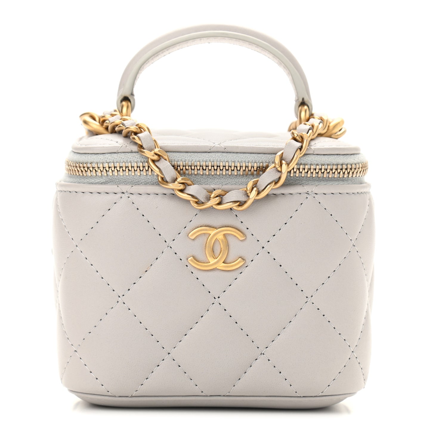 Lambskin Quilted Top Handle Mini Vanity Case With Chain Grey