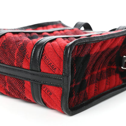 Balenciaga Wool Cuir Arena Plaid Diagonal Allover Logo Matelasse XS Bazar Shopper Tote Red Black 8 of 8