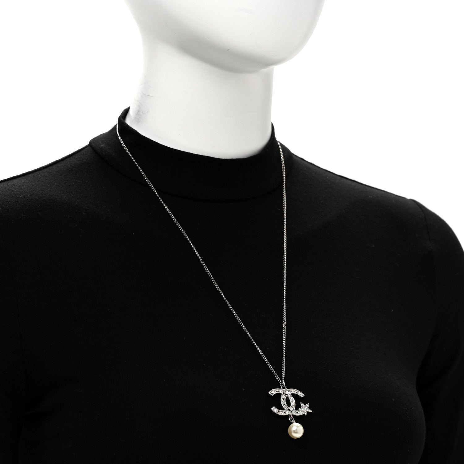 Chanel Crystal CC Star Pearl Drop Necklace Silver 2 of 5