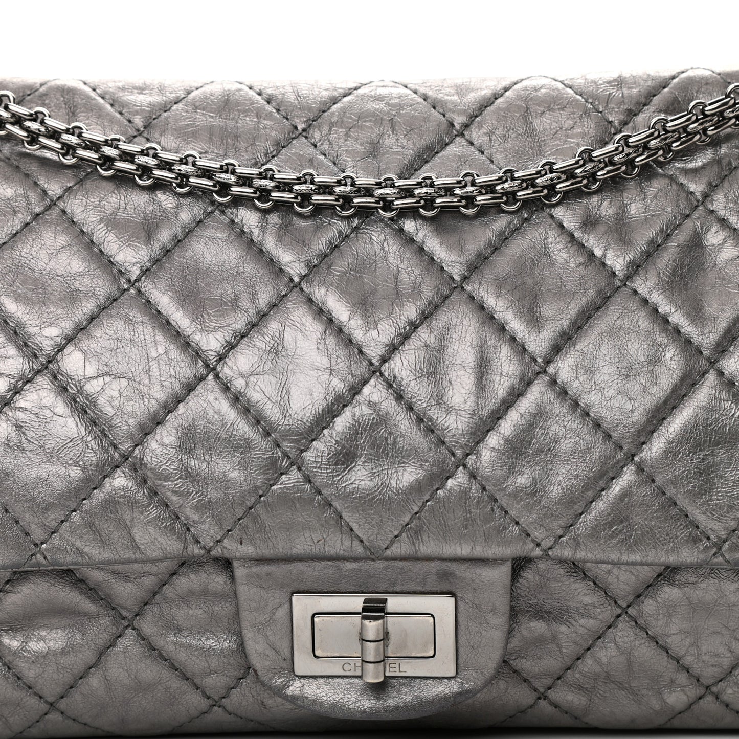 Metallic Aged Calfskin Quilted 2.55 Reissue 227 Flap Dark Silver