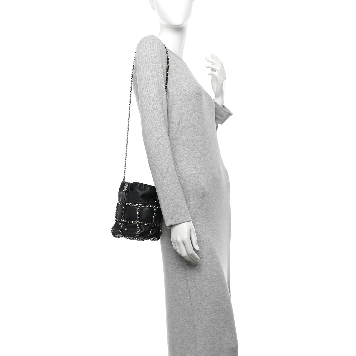 Lambskin Bucket Chain Drawstring Bag Black