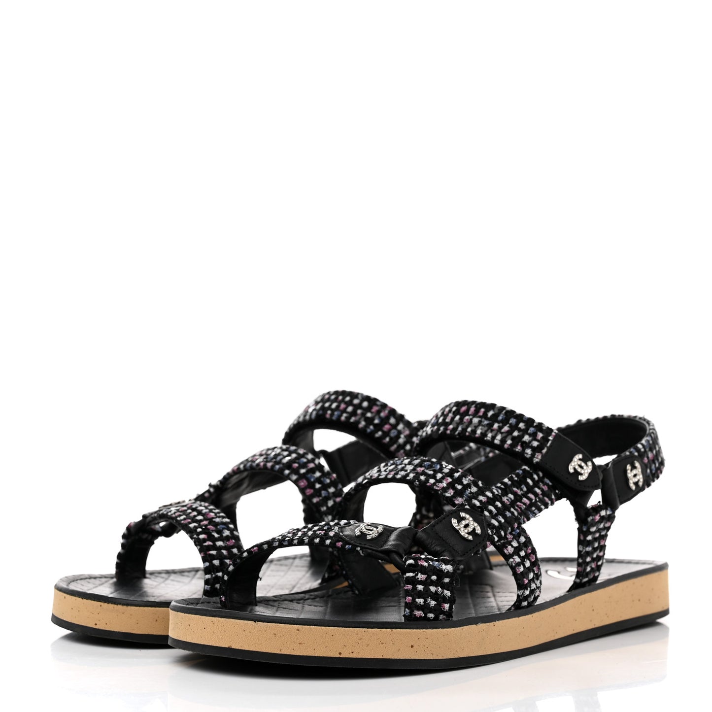 Tweed Lambskin Crystal CC Sandals 41 Black Multicolor
