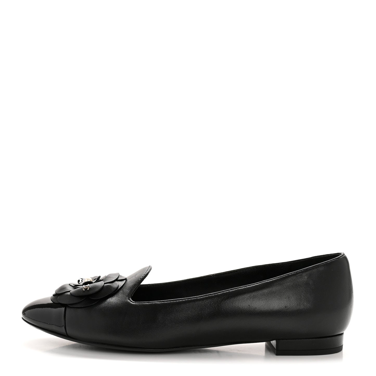 Lambskin Patent Calfskin Camellia Cap Toe Loafers 38 Black