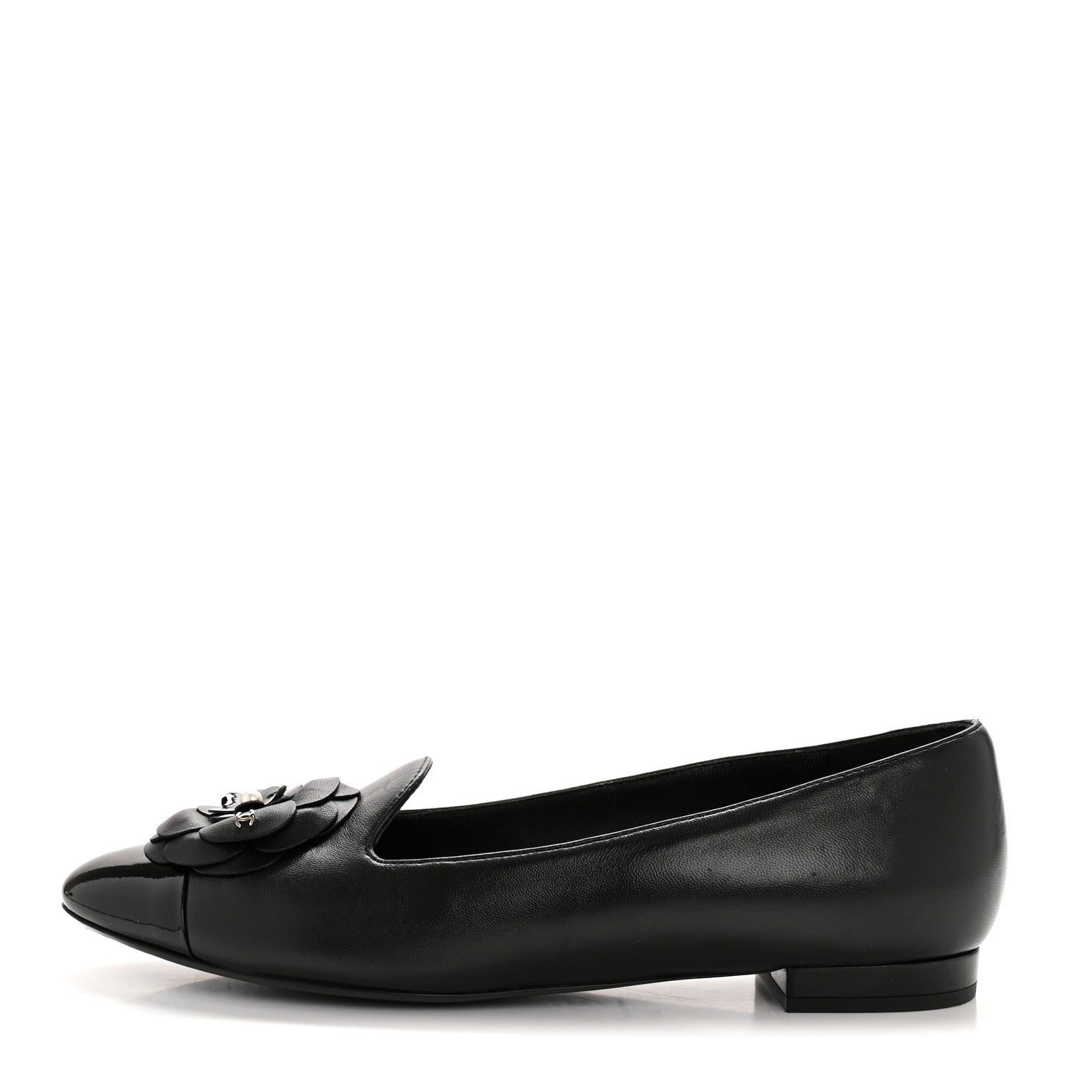Chanel Lambskin Patent Calfskin Camellia Cap Toe Loafers 38 Black 1 of 10