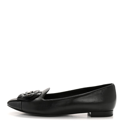 Chanel Lambskin Patent Calfskin Camellia Cap Toe Loafers 38 Black 1 of 10