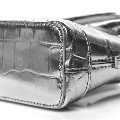Balenciaga Metallic Calfskin Logo Crocodile Embossed Mini Ville Top Handle Bag Silver Black 9 of 10