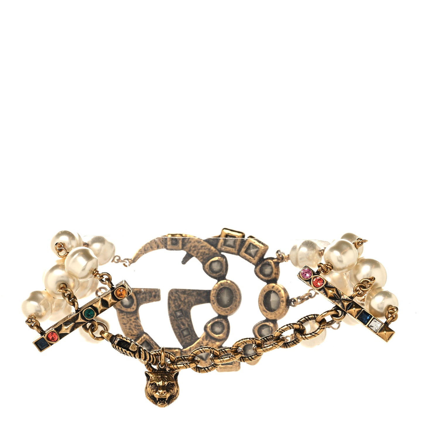 Metal Crystal Pearl Double G Bracelet Aged Gold Multicolor