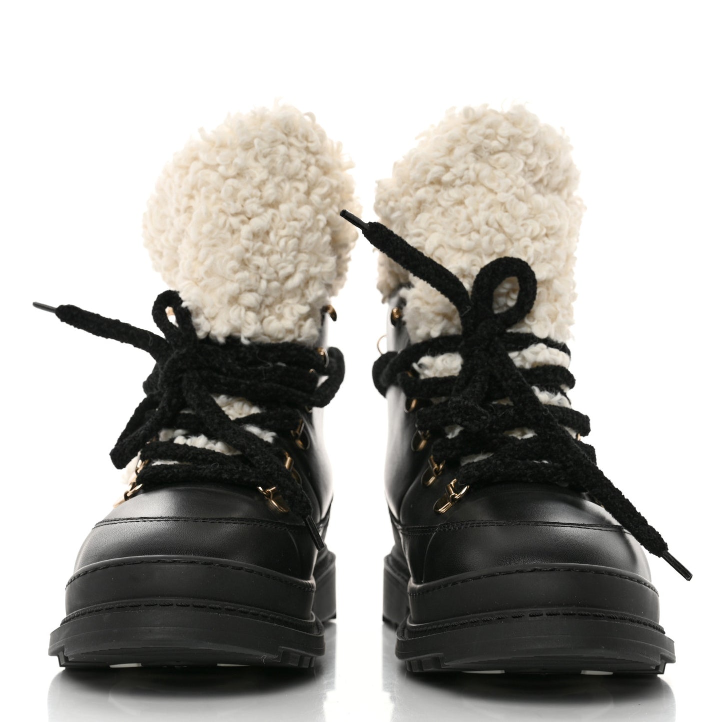 Calfskin Shearling CC Lace Up Boots 38 Black