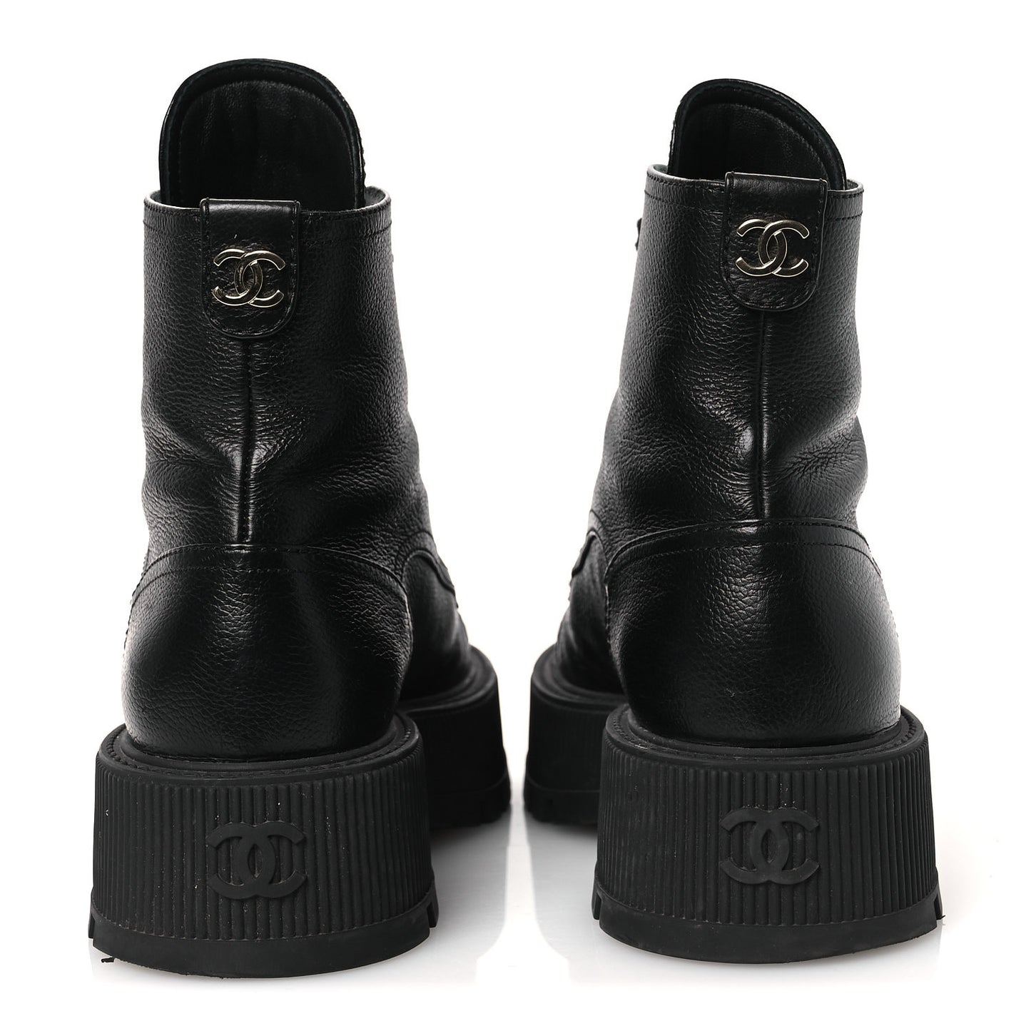 Grained Calfskin Shiny Calfskin CC Lace Up Combat Boots 37.5 Black