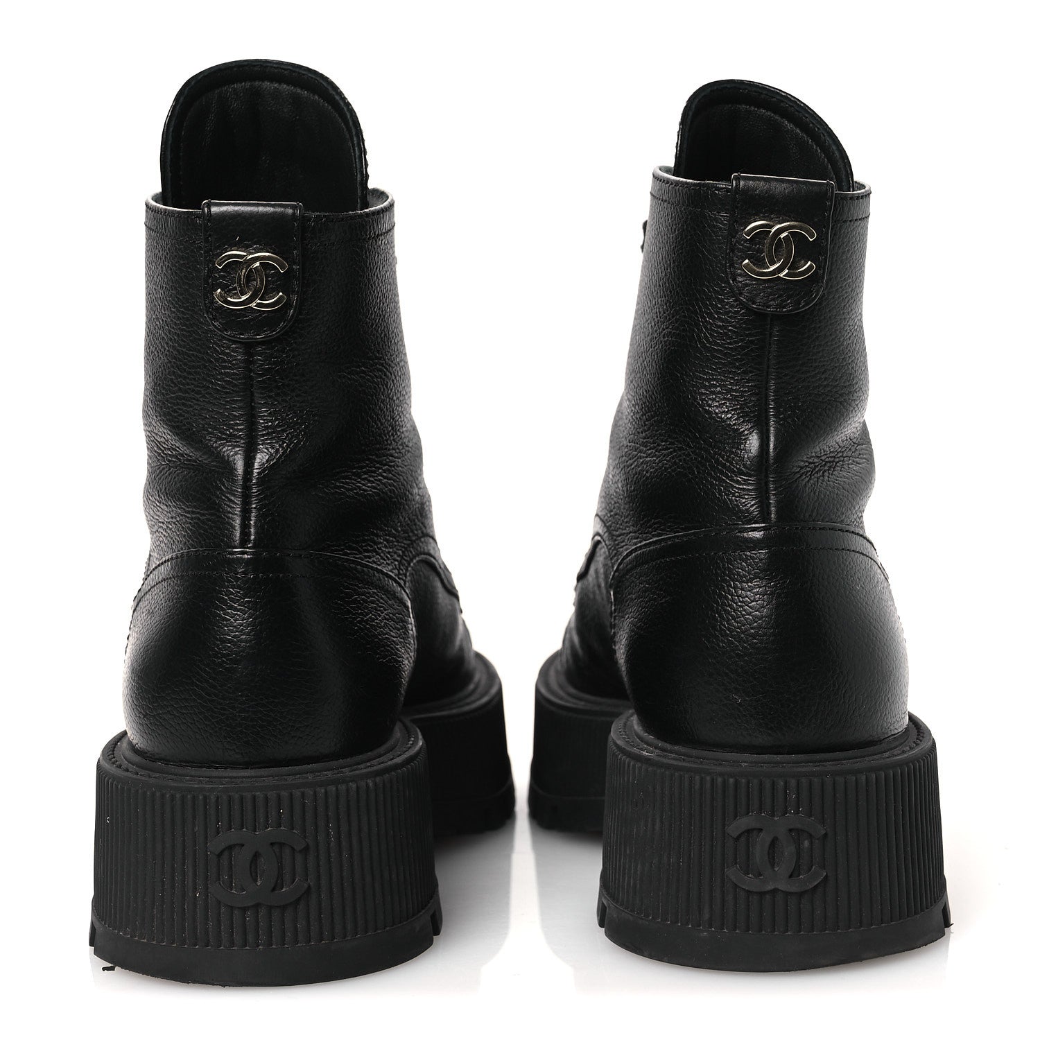 Chanel Grained Calfskin Shiny Calfskin CC Lace Up Combat Boots 37.5 Black 6 of 13