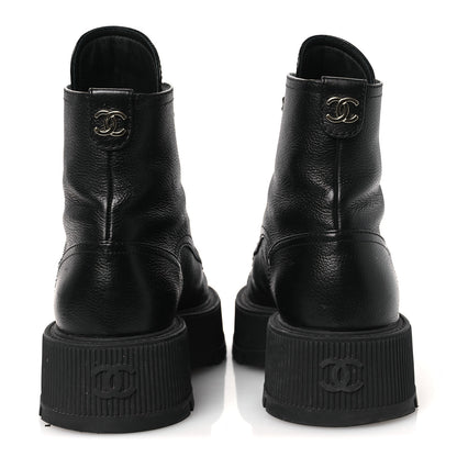 Chanel Grained Calfskin Shiny Calfskin CC Lace Up Combat Boots 37.5 Black 6 of 13