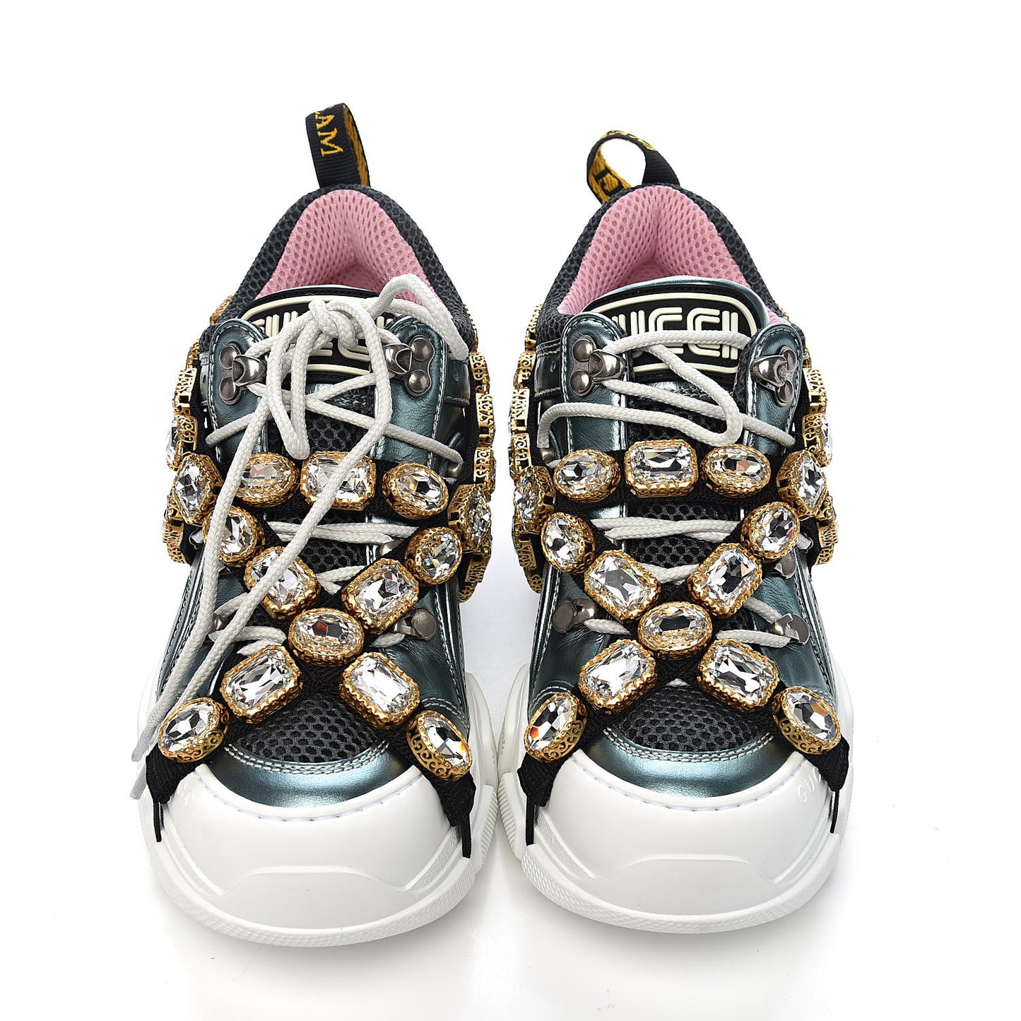 X SEGA Metallic Calfskin Removable Crystals Womens Flashtrek Sneakers 36 Lago Loess Silver