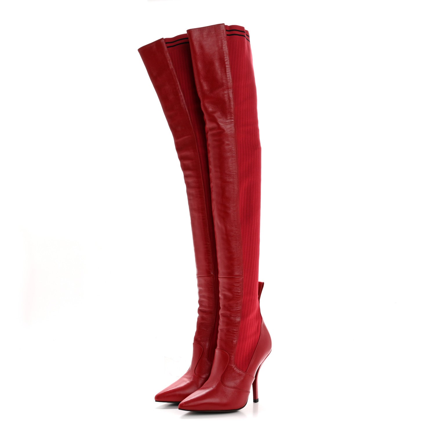 Fendi Vitello Lucido Stretch Fabric Striped Rockoko Thigh High 105mm Sock Boots 37 Fragola Black 3 of 9