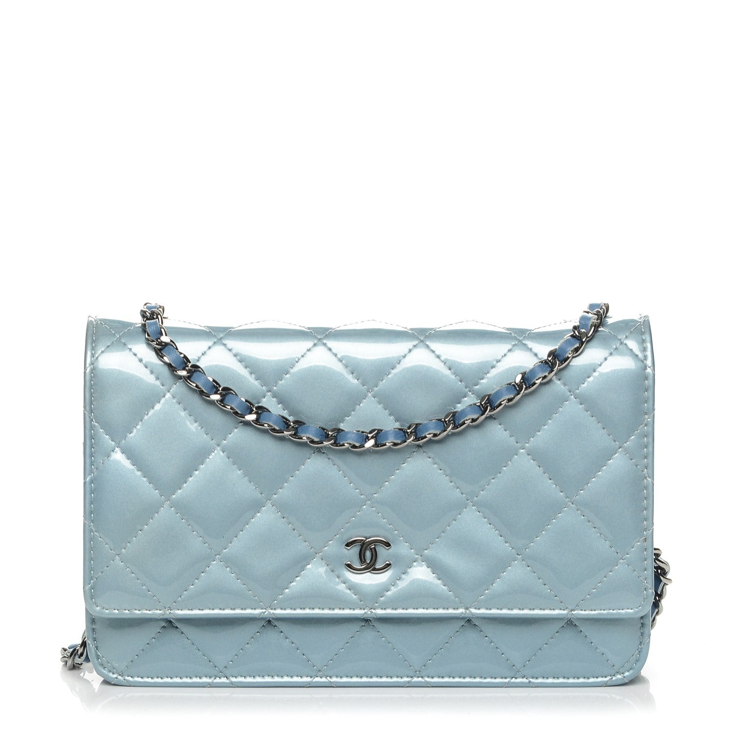 Chanel Patent Quilted Wallet On Chain WOC Blue 1 of 8