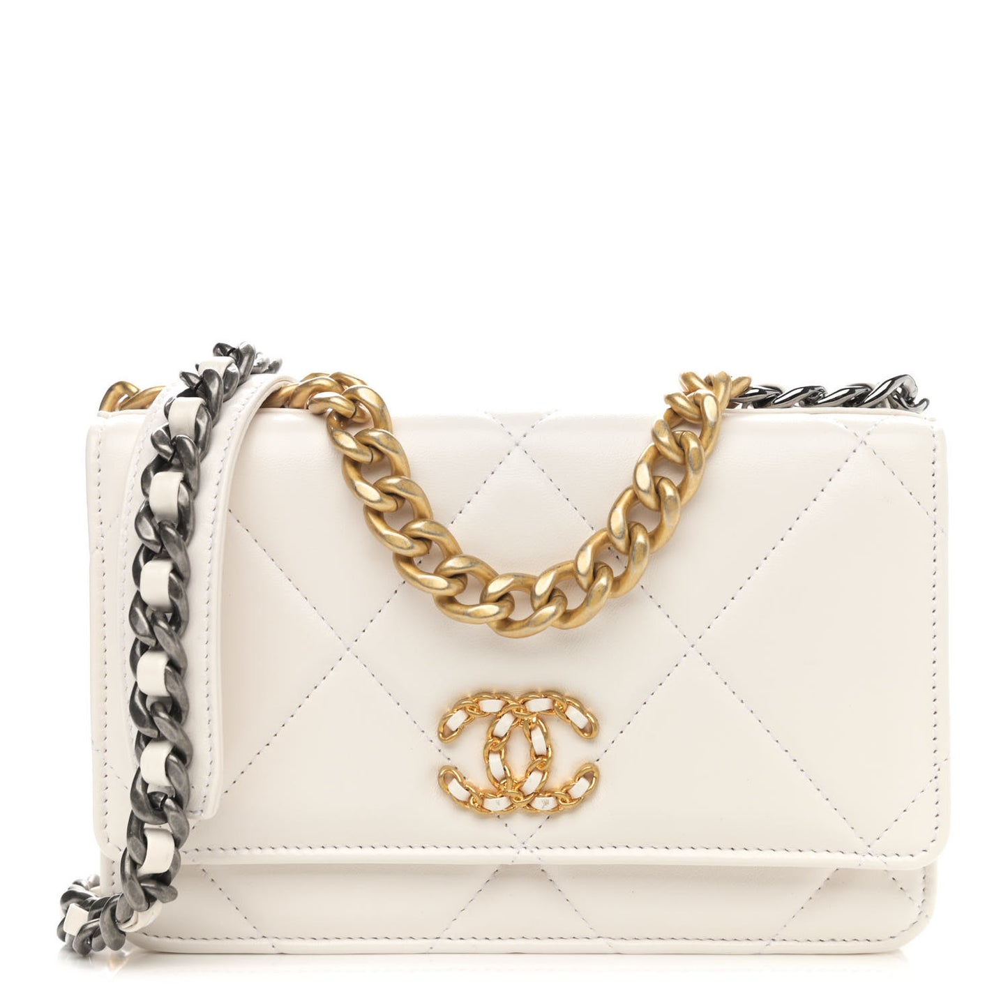 Lambskin Quilted Chanel 19 Wallet On Chain WOC White
