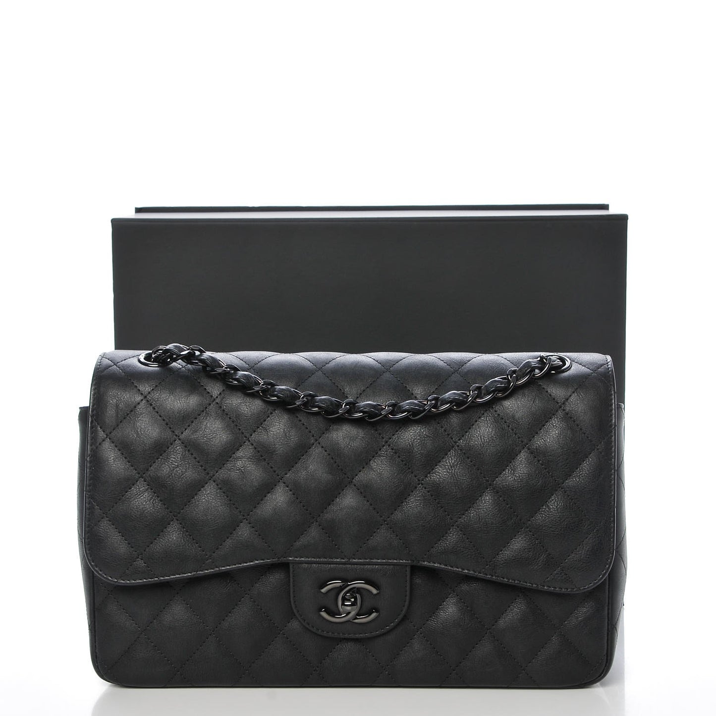 Crumpled Calfskin Quilted Jumbo Double Flap So Black