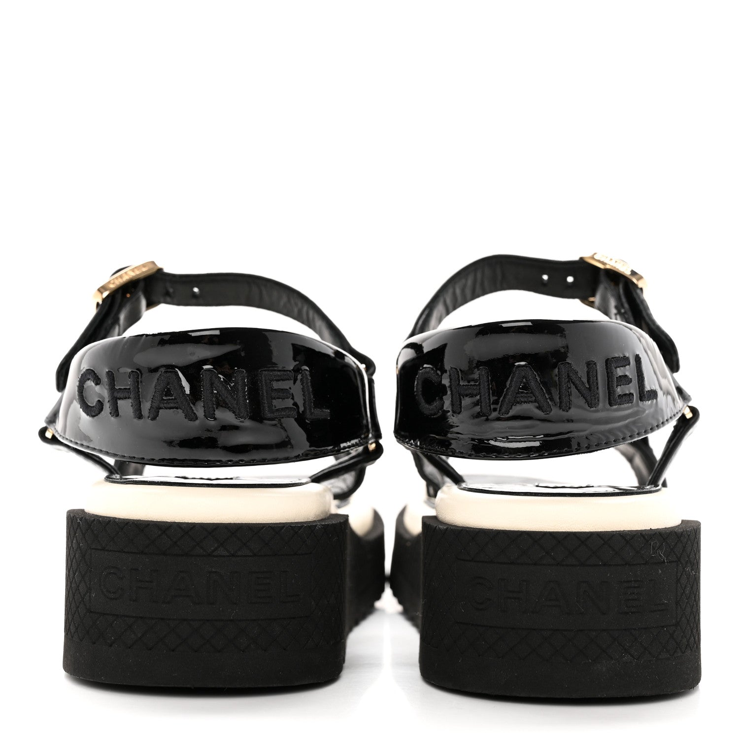 Chanel Lambskin Patent Logo Platform Sandals 37 Black White 5 of 12