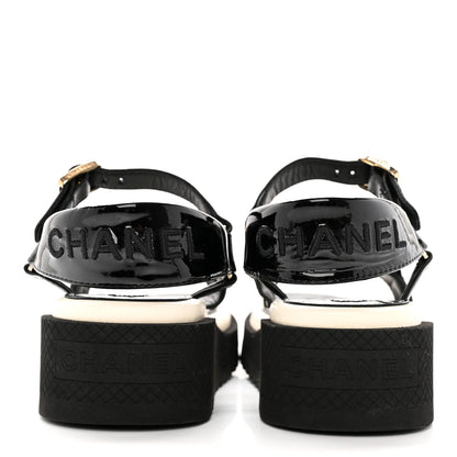 Chanel Lambskin Patent Logo Platform Sandals 37 Black White 5 of 12