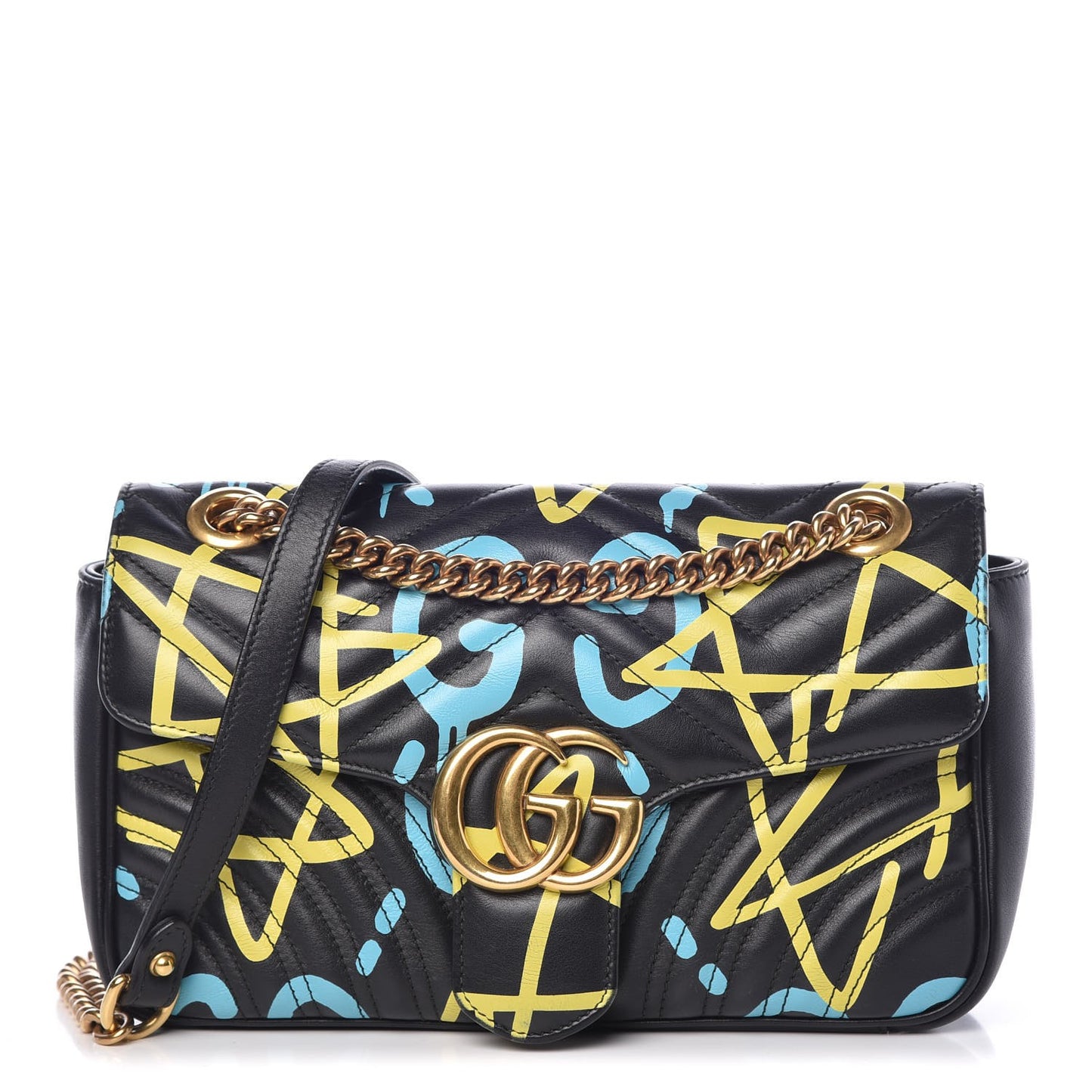 Calfskin Matelasse GucciGhost Small GG Marmont Shoulder Bag Black New Acquamarine