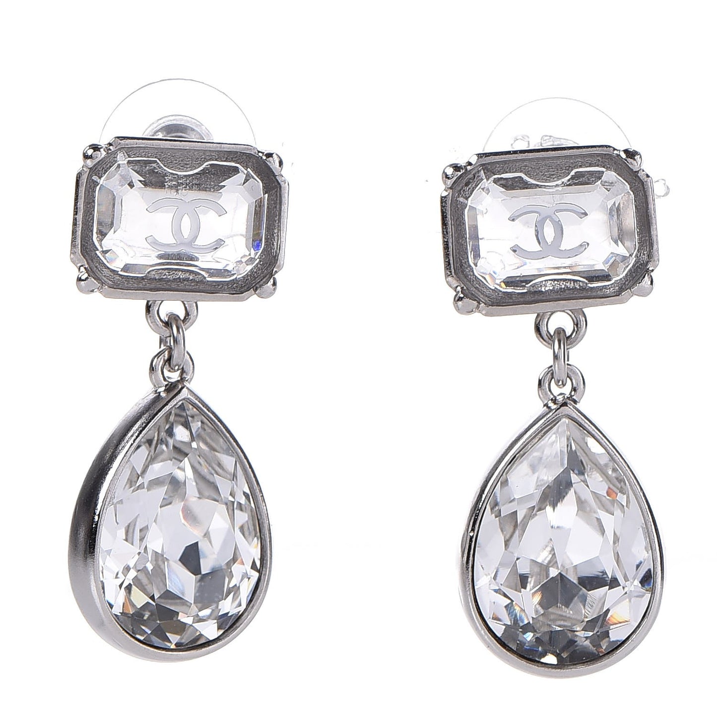 Crystal CC Drop Earrings Silver