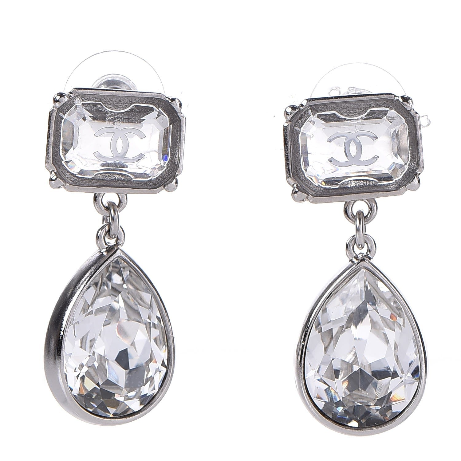 Chanel Crystal CC Drop Earrings Silver 1 of 5