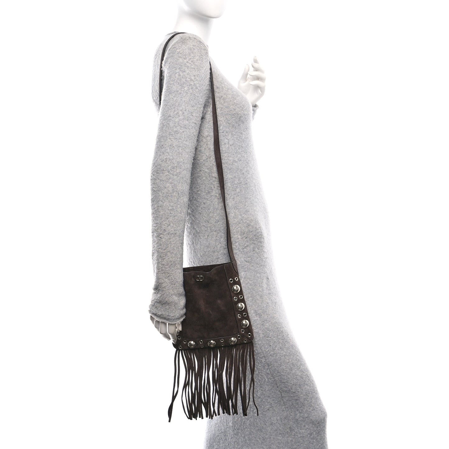 Suede Studded Nellcote Fringe Shoulder Bag Brown