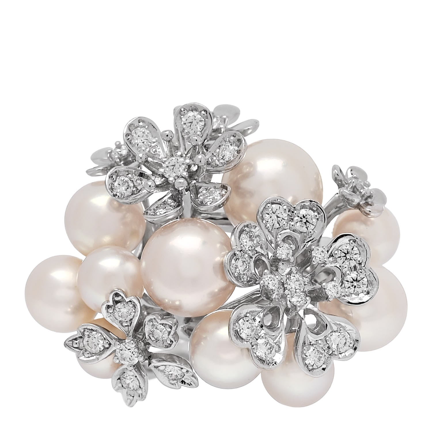 Mikimoto 18K White Gold Diamond Akoya Pearl Bloom Flower Ring 49 5 1 of 7