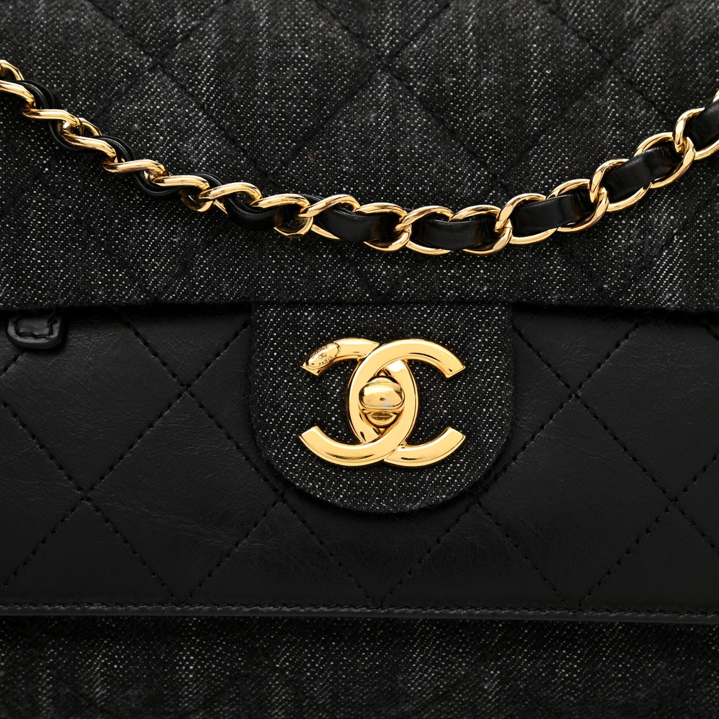 Denim Calfskin Quilted Small Flap Black