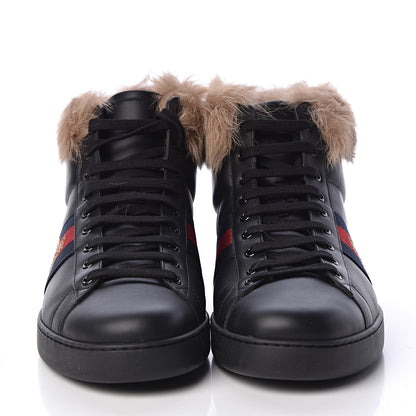 Gucci Calfskin Wool Web Bee Embroidered Mens Ace High Top Sneakers 12.5 Black 2 of 10