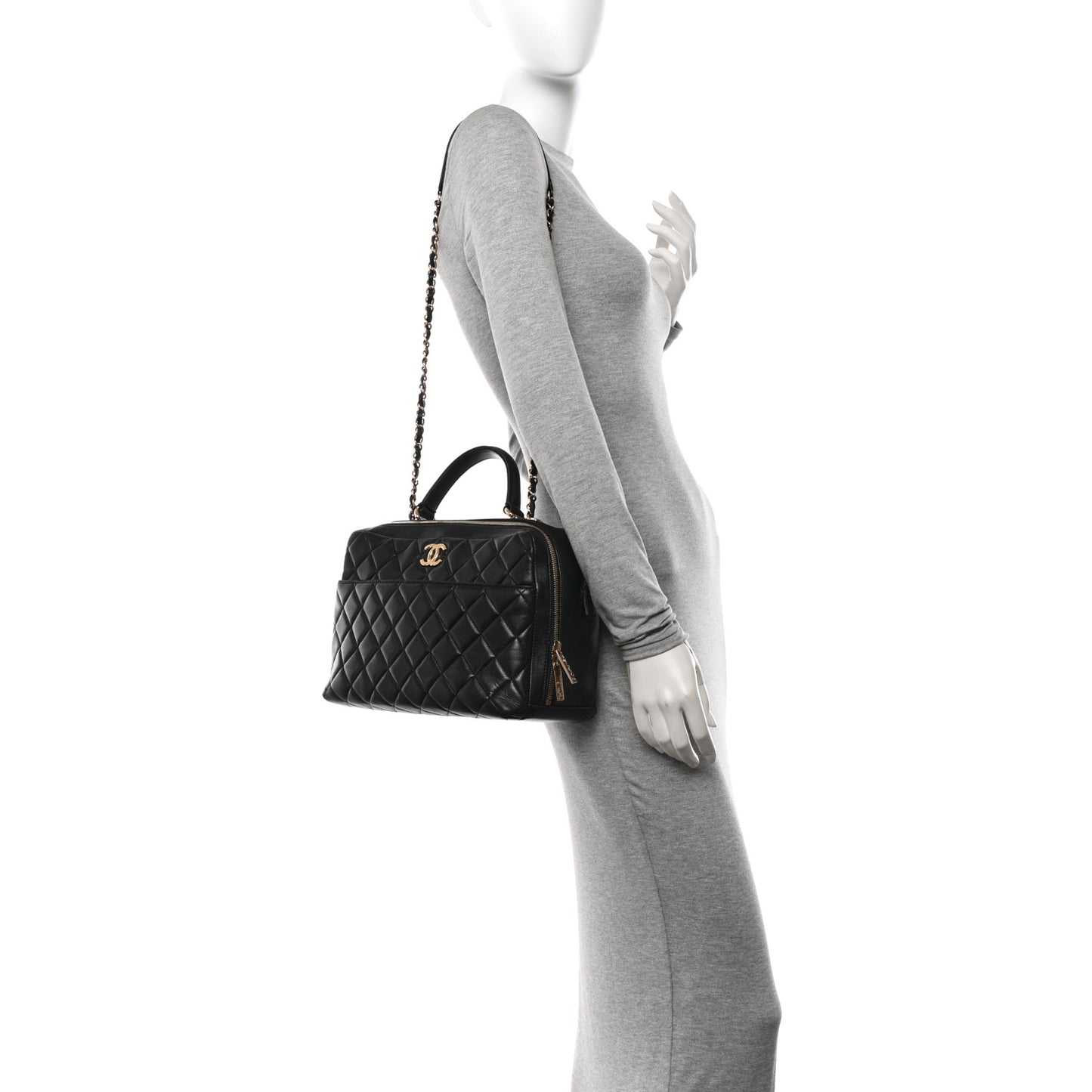 Lambskin Quilted Large Trendy CC Bowling Bag Black