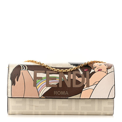 Fendi Glazed Fabric Vitello Liberty FF Logo Bikini Girls Inlay Continental Wallet On Chain Bianco Perla Multicolor 1 of 14