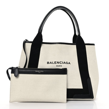 Balenciaga Cotton Canvas Satin Calfskin S Navy Cabas Natural Black 3 of 12