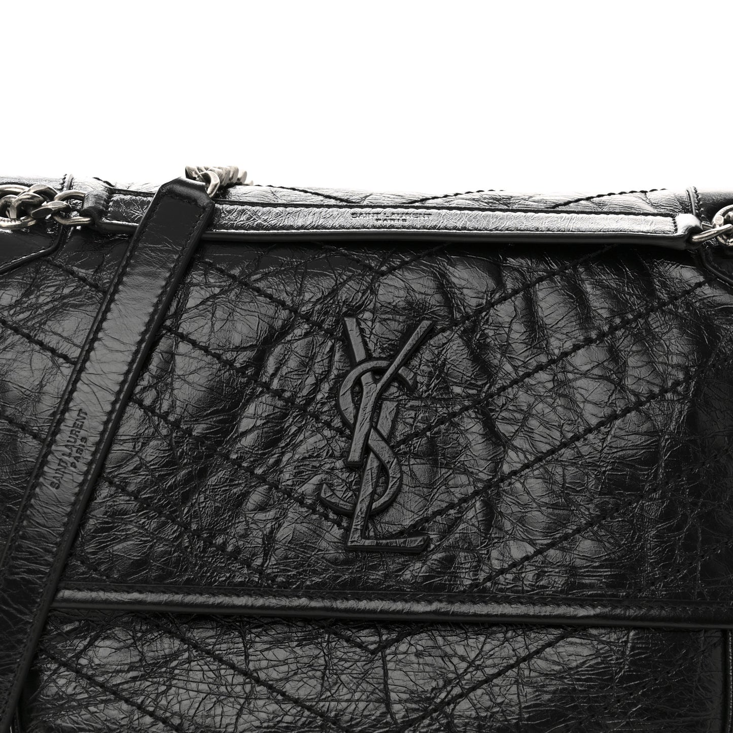 Crinkled Calfskin Matelasse Monogram Medium Niki Chain Satchel Black