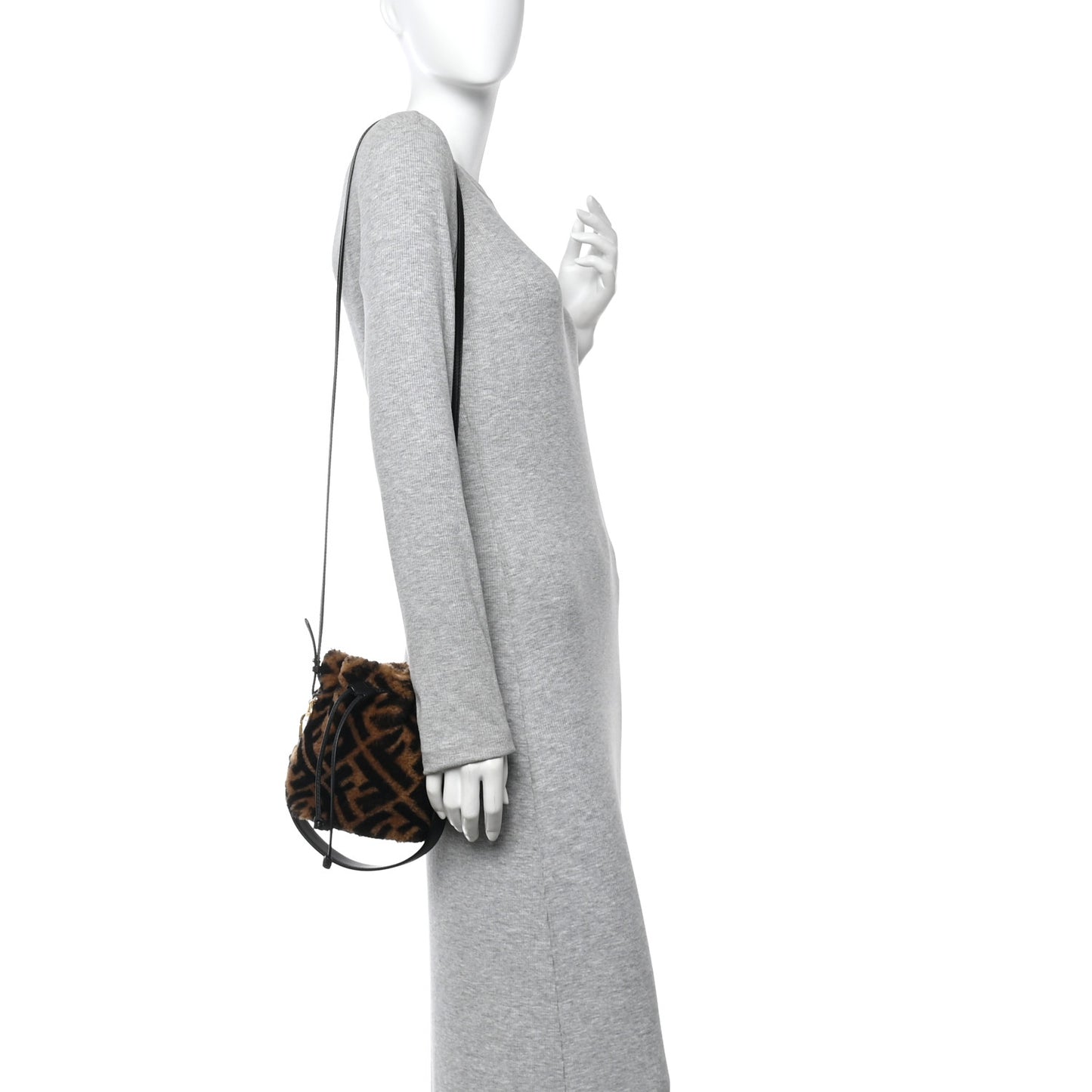 Shearling Vitello Dolce F is Fendi Macro FF 1974 Mini Mon Tresor Bucket Bag Tobacco Black