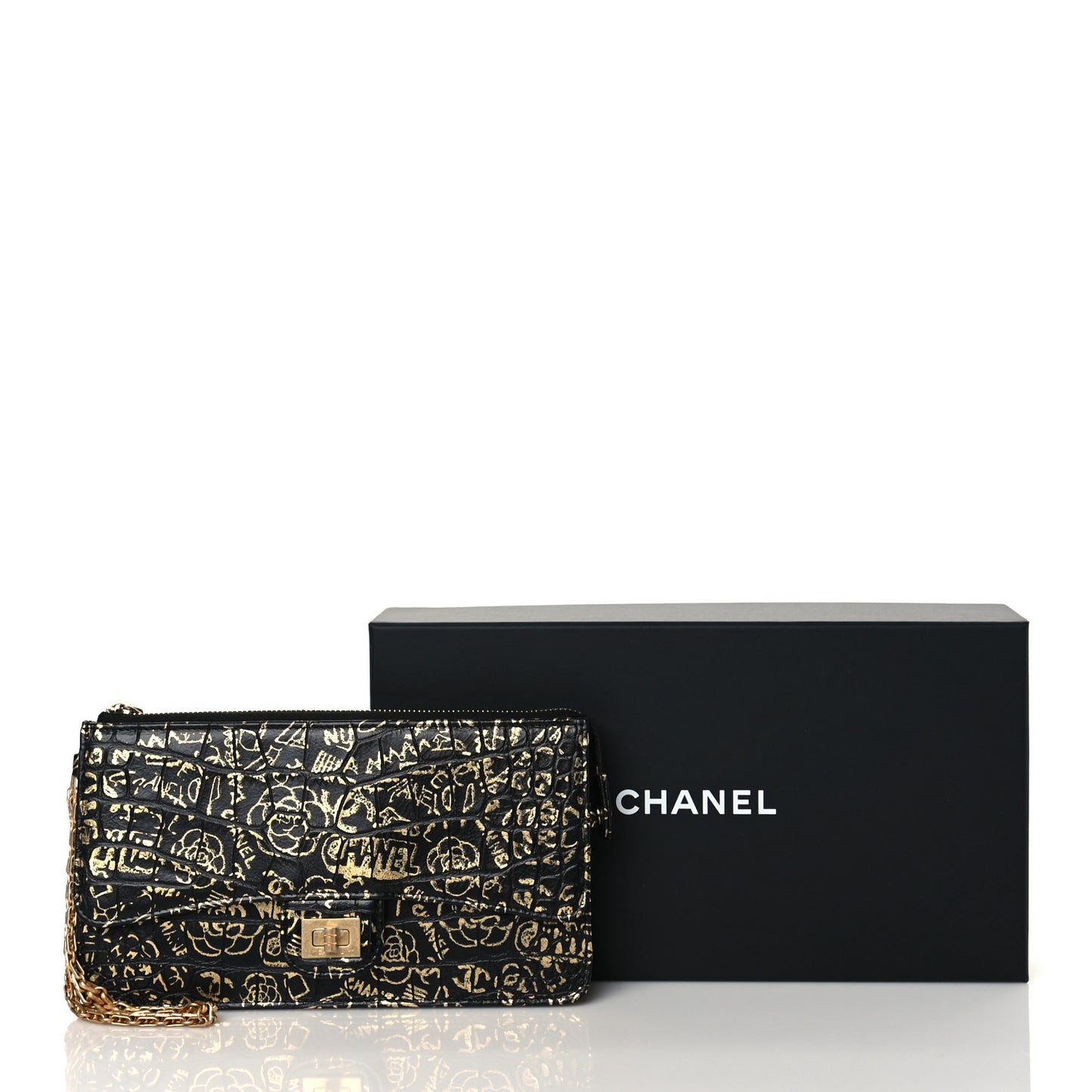 Calfskin Crocodile Embossed Egyptian Graffiti Pouch With Chain Handle Black Gold