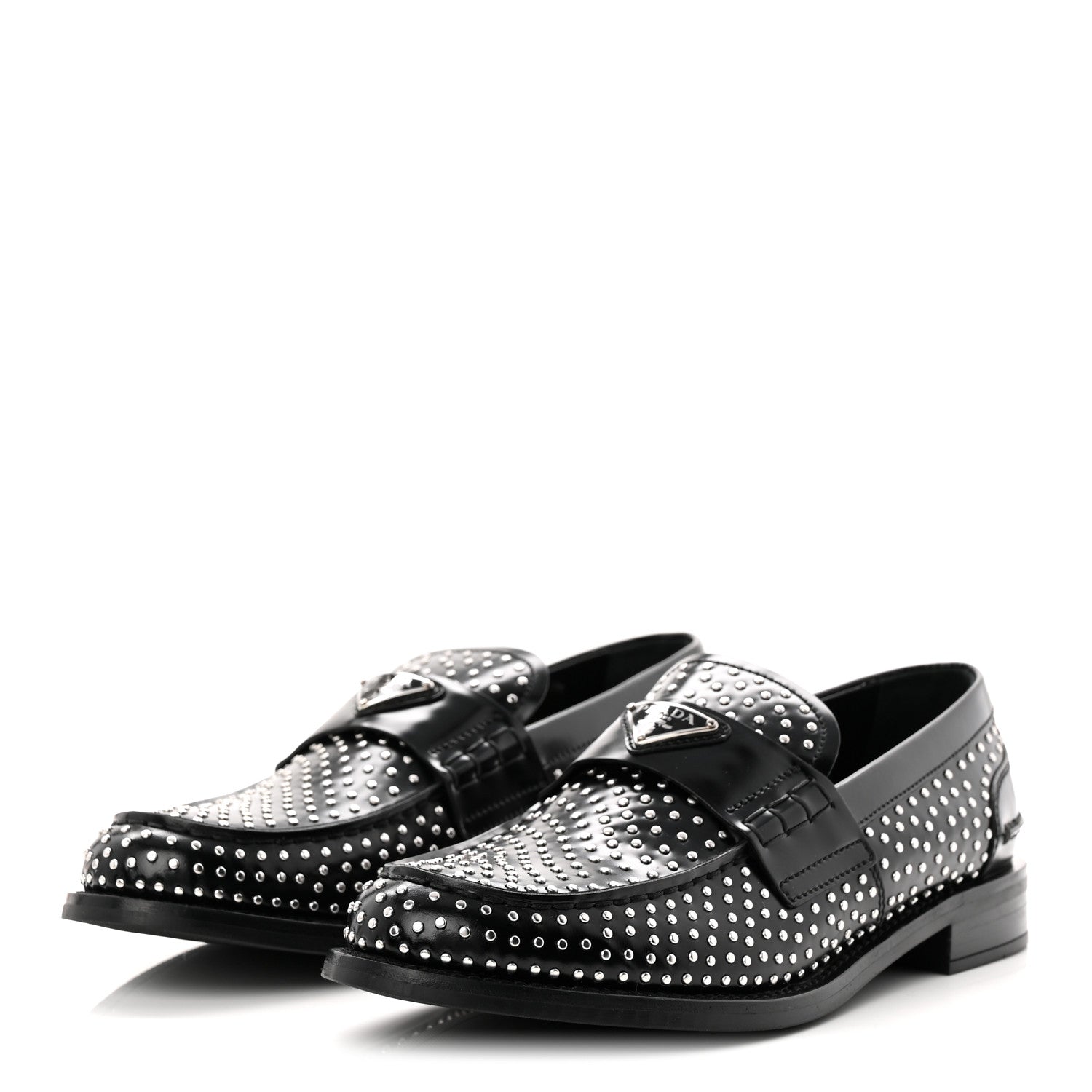 Prada Spazzolato Studded Metal Triangle Logo 20mm Loafers 39 Black 4 of 10
