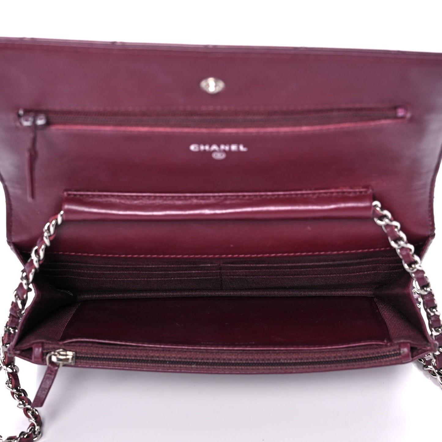Striated Patent Quilted Wallet on Chain WOC Bordeaux