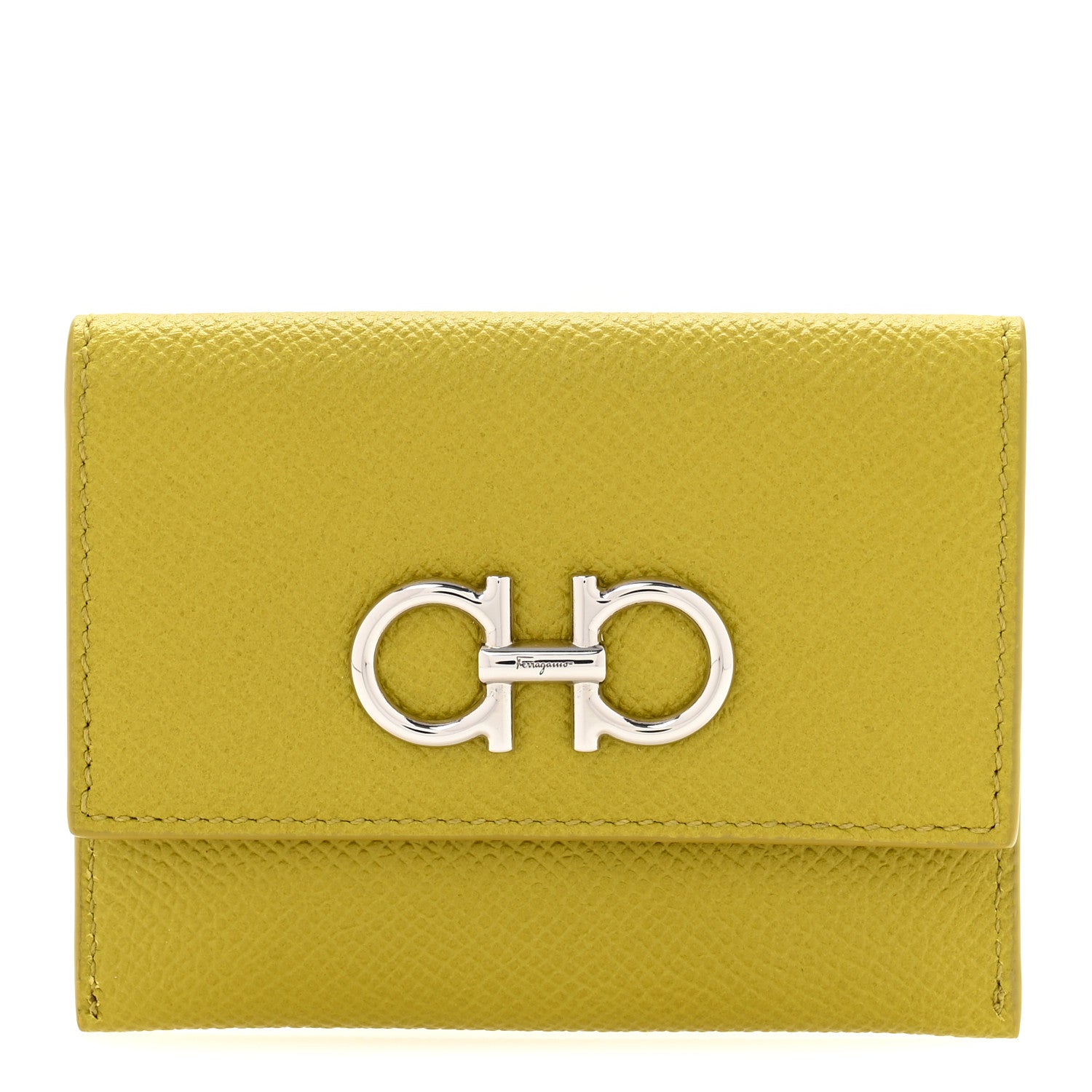 Salvatore Ferragamo Grained Calfskin Flap Card Holder Lemon Grass