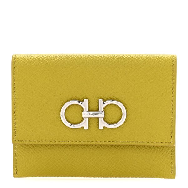 Salvatore Ferragamo Grained Calfskin Flap Card Holder Lemon Grass
