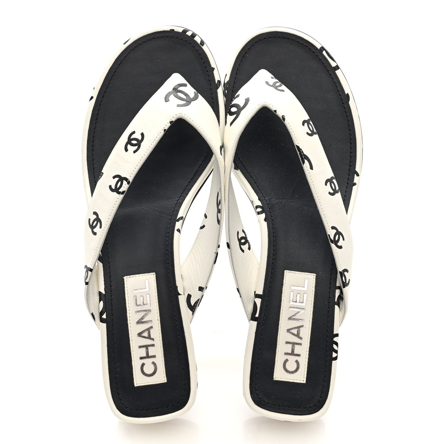 Lambskin Printed CC Thong Sandals 40 White Black