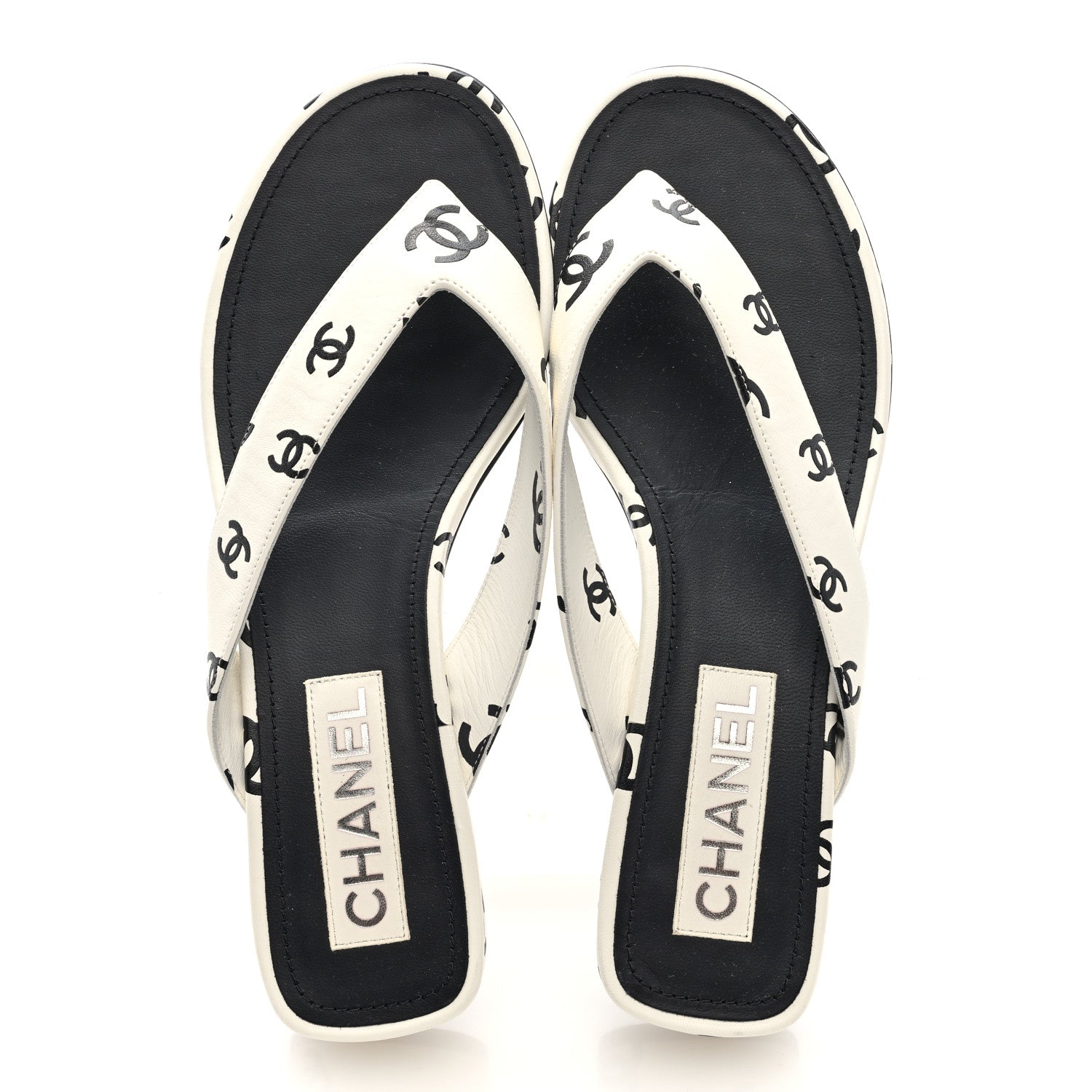 Chanel Lambskin Printed CC Thong Sandals 40 White Black 2 of 9
