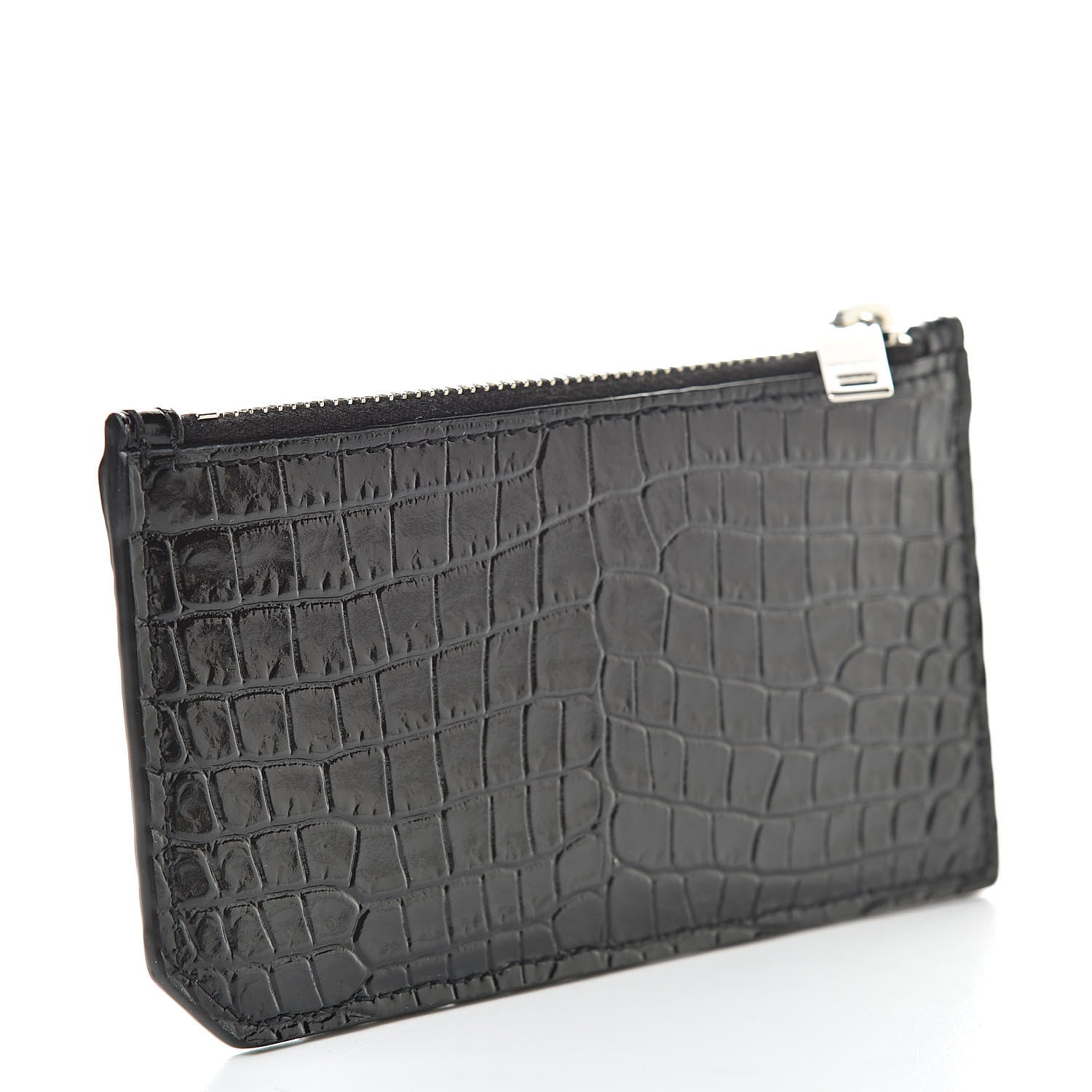 Saint Laurent Calfskin Crocodile Embossed 5 Fragments Zip Pouch Card Holder Black 3 of 8