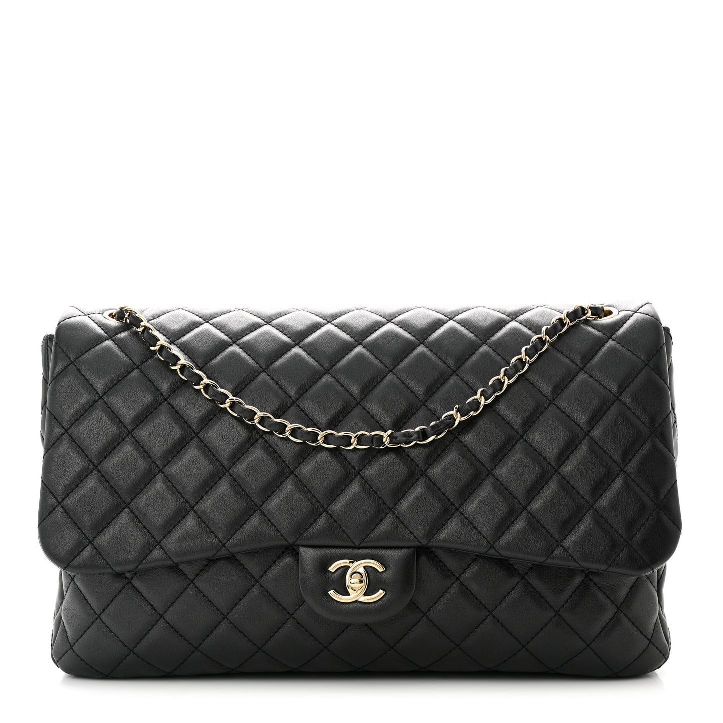 Metallized Calfskin Quilted Small XXL Travel Flap Bag Black