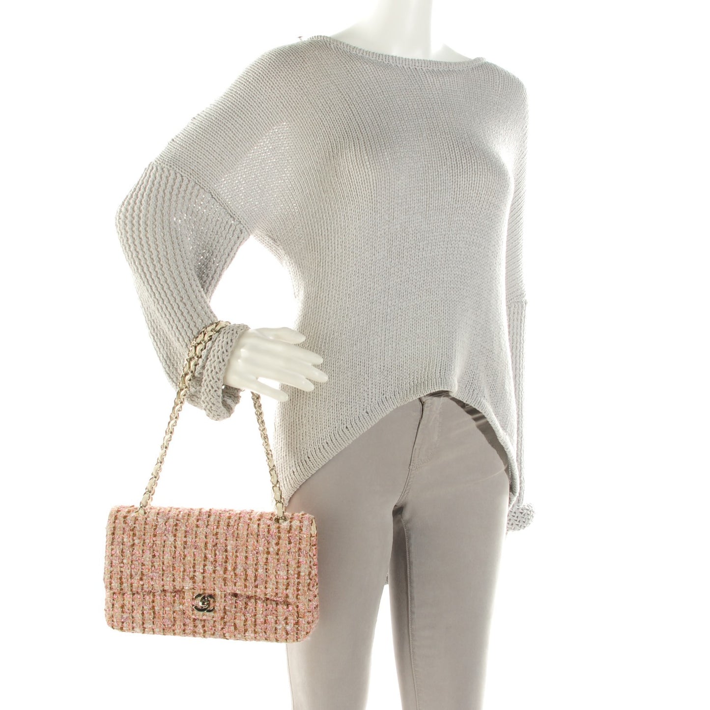 Tweed Quilted Medium Double Flap Pink Gold