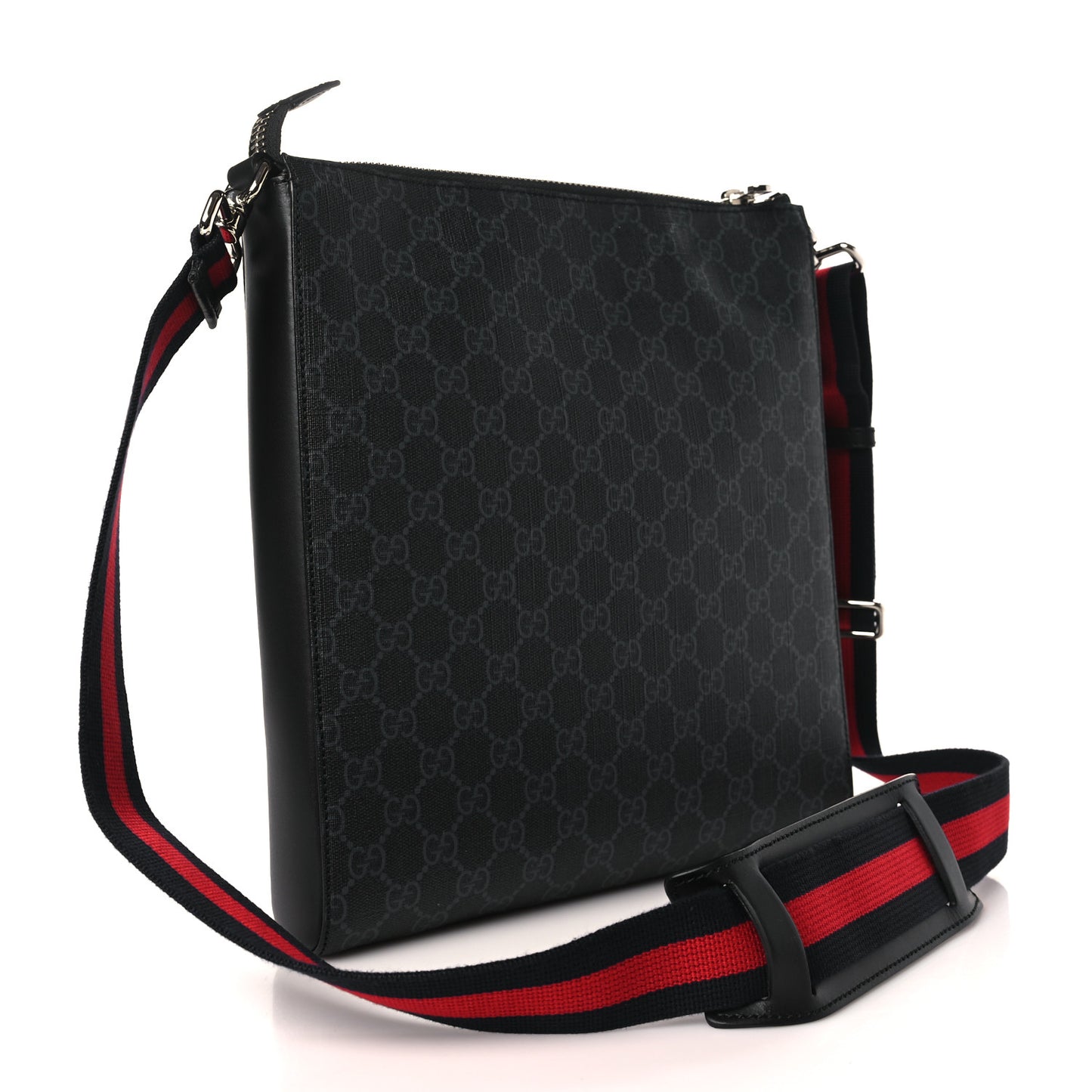 GG Supreme Monogram Appia Calfskin Web Flat Messenger Bag Black Grey