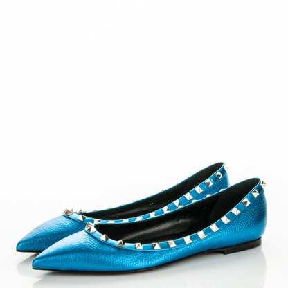 Valentino Garavani Metallic Pebbled Calfskin Rockstud Ballerina Flats 40 Light Blue 3 of 7